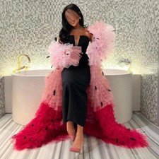 Black Evening Dresses Luxury Tulle Cape Feathers Colourful Elgeant Party Gown