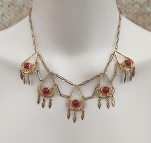 Authentic Vintage Gold Plated 925 Necklace Fringe Red Stones Israel Ethnic Bohemian Bib 17