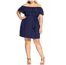 City Chic Womens Plus M 18 Navy Blue Off The Shoulder Knee Length Dress NWT BO84