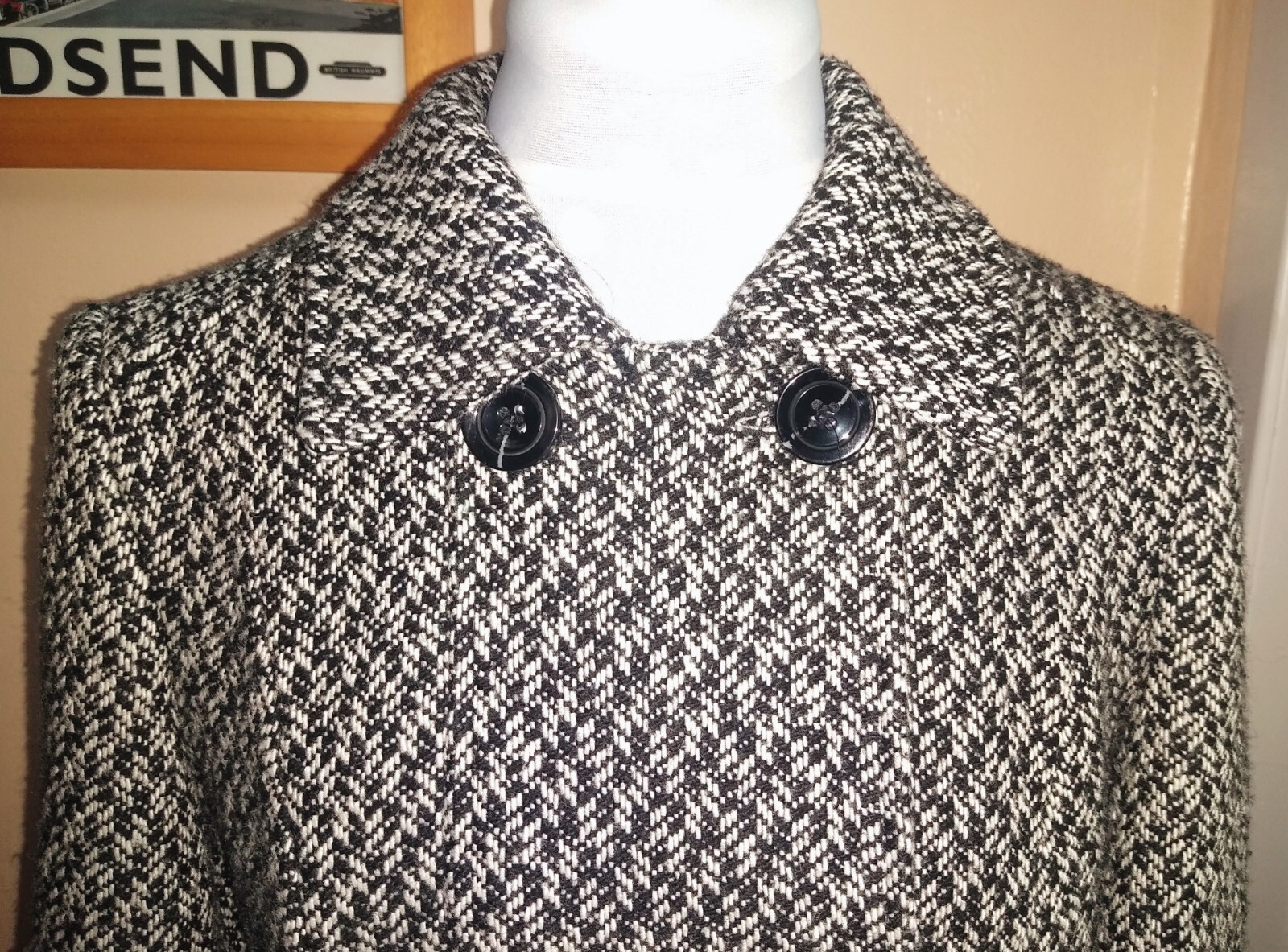 BHS black & White Herringbone wool smart double breasted Jacket coat