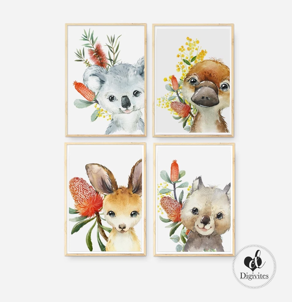 Baby Nursery Wall Art Decor Prints. Australian animals, Wombat, Koala Set of 4