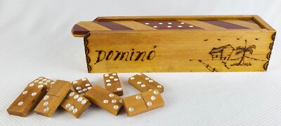 Vintage Wood Domino Game Set, Handcrafted Tropical Design Etching Box
