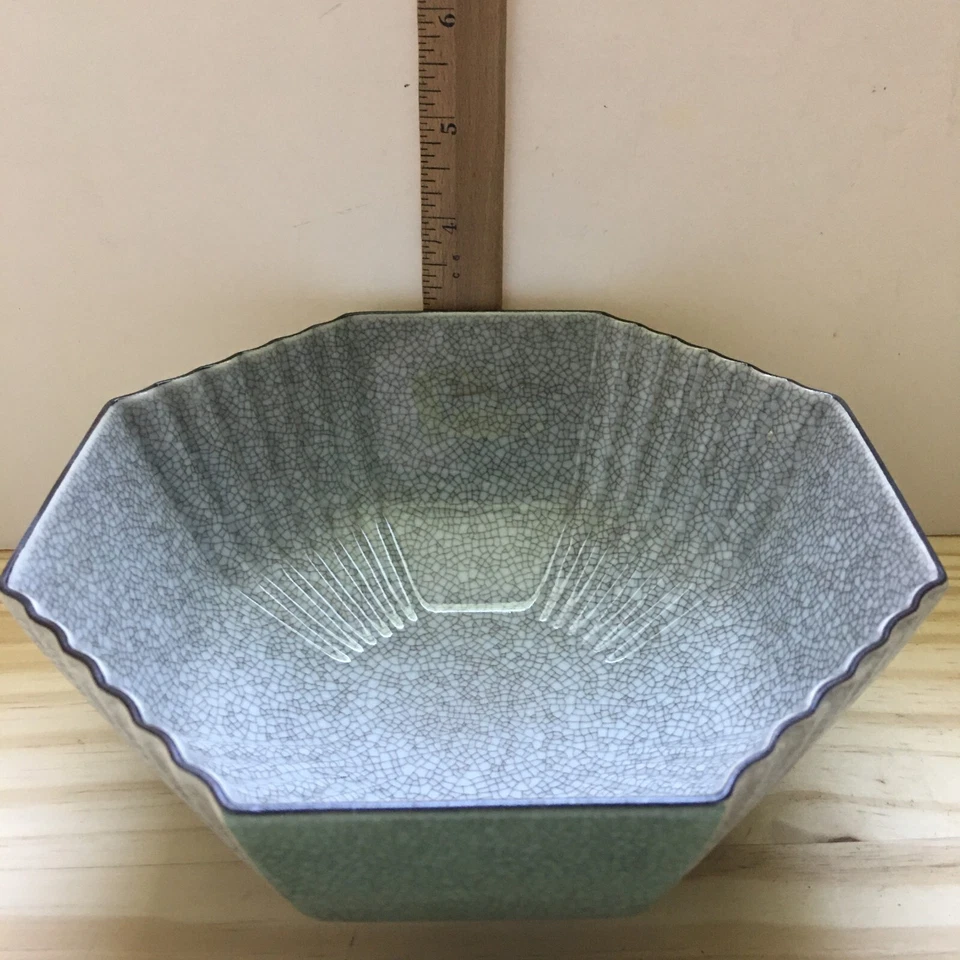 Royal Copenhagen Dinamarca CRAQUELE Esmalte Craquelado Cuenco Octogonal Verde y Gris 7"D Foto 4 de 4