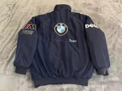 CHAQUETA DE CARRERAS VINTAGE PARA ADULTOS F-1 2025, CHAQUETA BMW AZUL MARINO BORDADO ALGODÓN ACOLCHADO - Imagen 10 de 16
