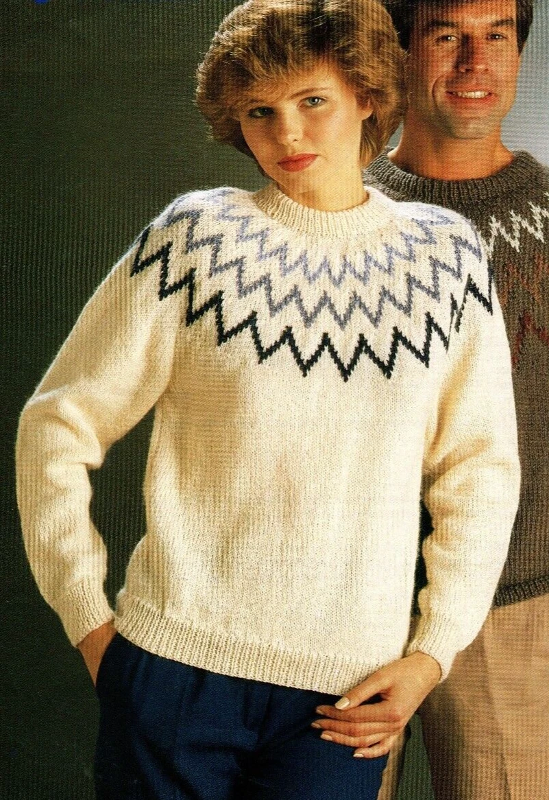 Ladies Men s Fair Isle Sweater with Yoke Knitting Pattern 32 42