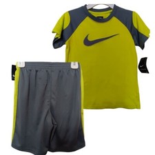 NIKE Boys 2 PC SET Shirt and Shorts Size 6 Logo Swosh Neon Green Gray NWT