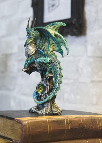 Ebros Armored Green Pagoda Dragon Perching On Gemstone Rock Pillar Statue 6.75"H - 第 1/6 張圖片