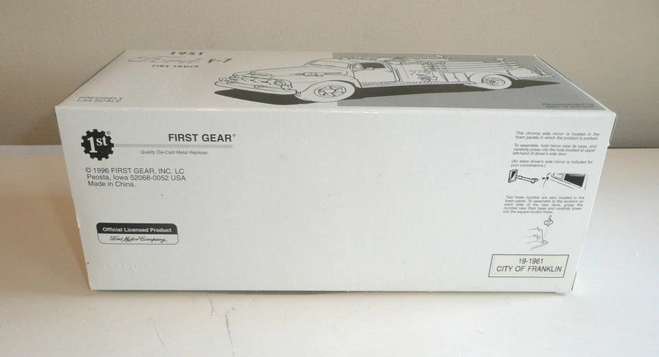 Camión de bomberos Ford F-7 First Gear 19-1961 fundido a presión escala 1/34 City of Franklin 1951 Foto 2 de 4