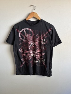 Vintage Y2K Peace Love Rock And Roll Graphic Black T-Shirt Woman s Size Small