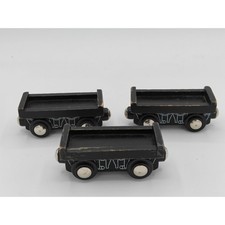 Lot of 3 Black Wooden Magnetic Train Cars Flatbed Tender Railway Toy Set