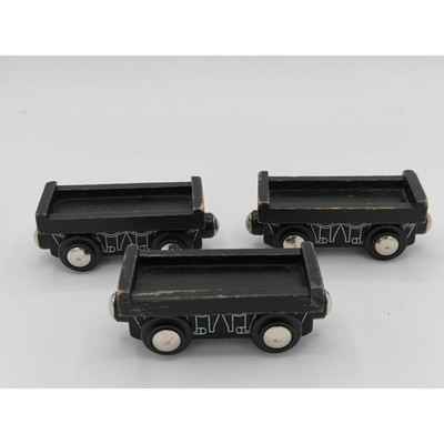 Lot of 3 Black Wooden Magnetic Train Cars Flatbed Tender Railway Toy Set