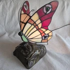 Vintage Tiffany Style Butterfly Accent Lamp Stained Glass Rose Brass Base