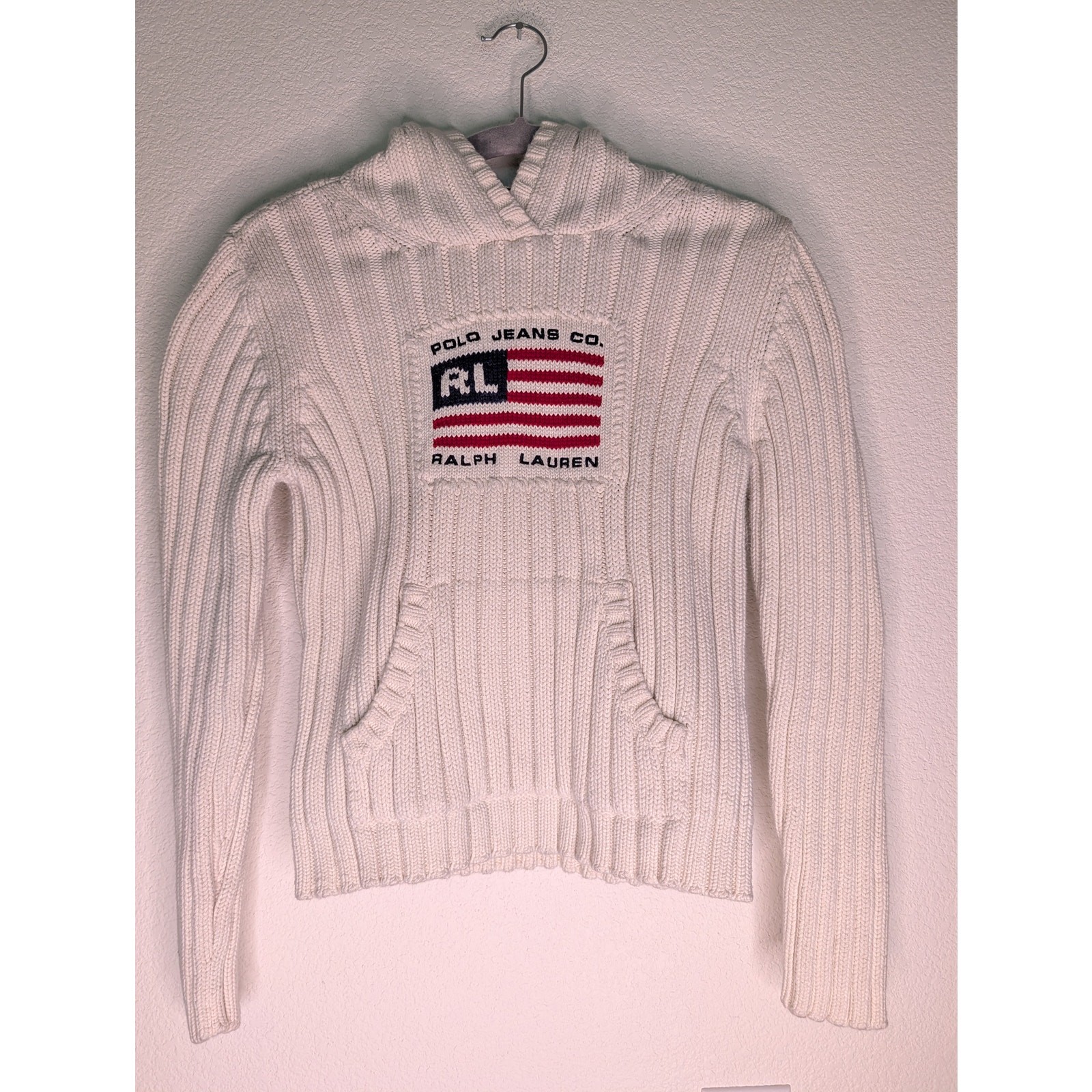 Polo Ralph Lauren VTG American Flag Sweatshirt L 100% Cotton Knit Preppy Chic **