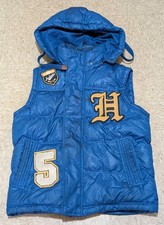 Vtg Hudson Blue Patches Puffy Vest Hooded Size Large