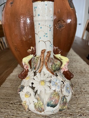 1940s Wardle England Barbotine Mojolica Sand Vase Antique Floral  As Is 