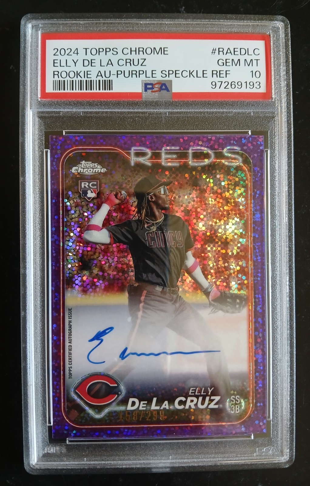 2024 Elly De La Cruz Topps Chrome Purple Speckle Rookir Auto /299 PSA 10 ⚾️✨️