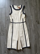 Tory Burch Womens Dress  XS /S Addis Sleeveless Beige Navy Trim Front Kick Pleat