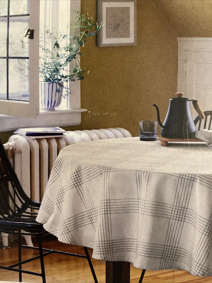 Threshold Natural Light Beige Cotton Blend Black Line Weave 70" Round Tablecloth - Image 2 of 4