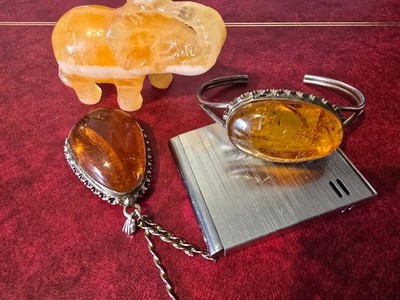Brosche und Armreif Silber 835 mit Bernstein Groß Handarbeit