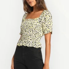 VERO MODA Women's S Olea Yellow Floral Print Short Sleeve Smocked Top NEW