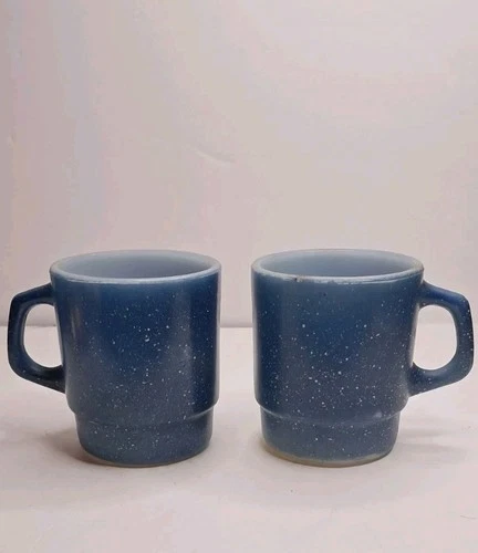 Fire King Anchor Hocking Blue Speckled Mugs Vintage 3 1/4" Coffee Tea Glass Cup