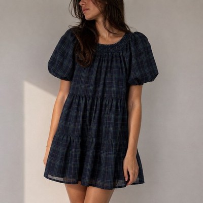 Marie Oliver Navy Plaid Silk Puff Sleeve Babydoll Dress XXS Cottage Academia