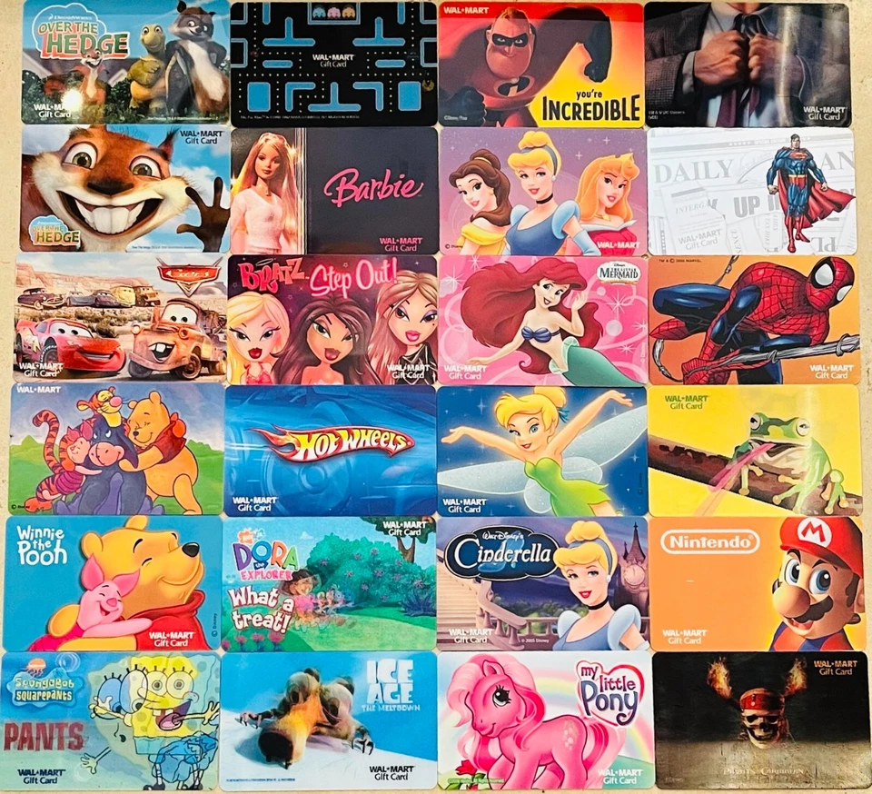 24 WALMART Gift Cards Disney Pooh Spidey Superman Barbie Nintendo Spongebob +++! - Image 2 of 4