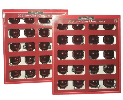 2 Vtg Boxes Of 20 Shiny Glass Christmas Ornaments Holiday Time USA Dark Red 40