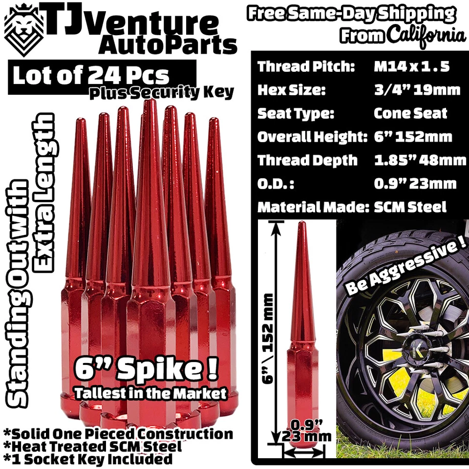 24Pc Red 6" Tall M14x1.5 XL Spike Lug Nut+Key Fit GMC Yukon Sierra1500 & More - Image 2 of 3