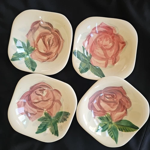 Vintage Red Wing Pottery Hand Painted Lexington Rose 5" Square Bowls 4 PC Set