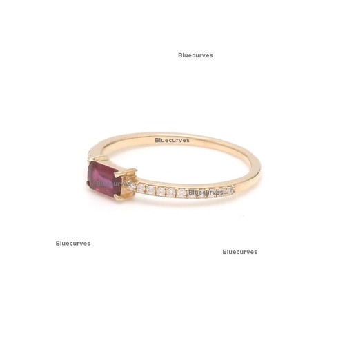 Emerald Cut Ruby & Natural Diamond Stack Band Ring Solid 14k Yellow Gold Ring - Picture 6 of 6