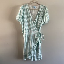 Draper James RSVP Women S Blue Striped Linen Blend Puff Sleeve Wrap Dress NWT