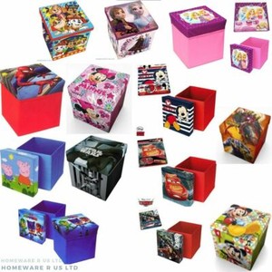 CHILDRENS BEDROOM STORAGE STOOL TOY BOX CHESTS OTTOMAN CARS MINNIE STAR WARS PJ
