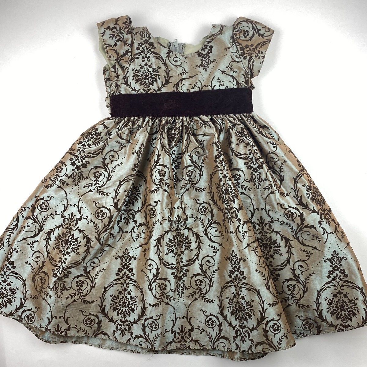 Swea Pea Lilli Girls Fancy Dress 4t Brown Green Flocked Floral