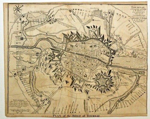 PLAN OF THE SIEGE OF TOURNAY, BELGIUM Original Antique Battle map 1741