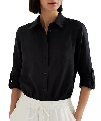 Ralph Lauren women's Black Linen roll Sleeve Shirt Blouse - Medium -retail $115 - Picture 2 of 7