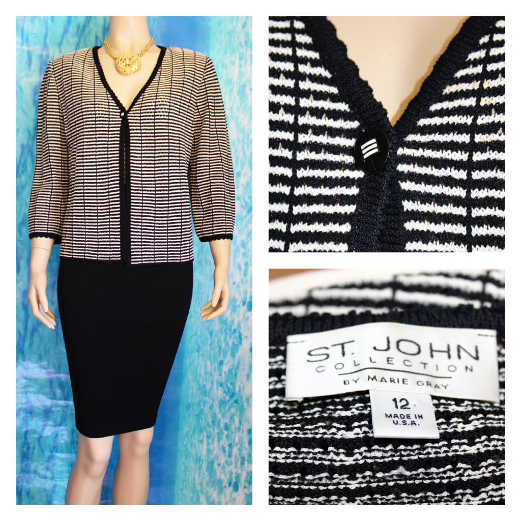 ST. JOHN Collection Knits Black Cream Suit JACKET L 1… Gem
