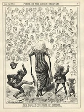 Rare 1892 British Cartoon: "NEW FACES IN THE HOUSE OF COMMONS" By  Harry Furniss