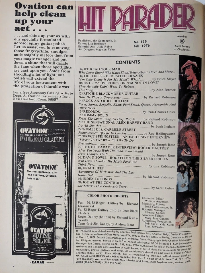 Hit Parader February 1976 Roger Daltrey, Bowie, 10cc, Uriah Heep, Springsteen  - Image 2 of 4