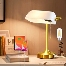 Glass Bankers Desk Lamp with Pull Chain Switch Plug in Fixture Satin Brass
