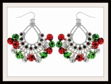 Christmas Red Green Bells Earrings Silver Crystal Accents Dangle Holiday
