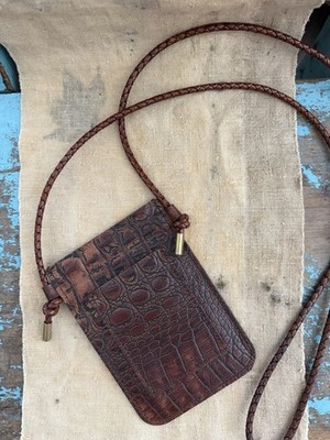 Artisan Handcrafted Leather Phone Crossbody Bag Brown Croc Stash Co Sidekick