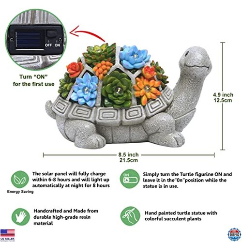 Solar Garden Turtle Statue with Succulent & 7 LED Lights - Lawn Decor Ornament - Picture 4 of 6