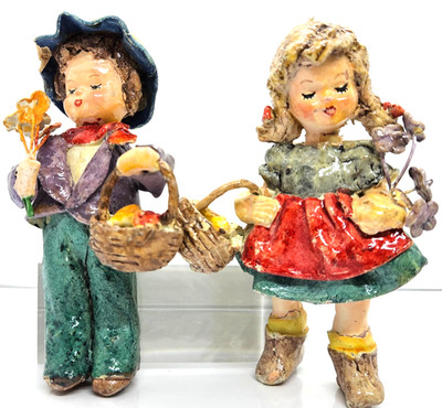 Vintage Colorful Paper Mache Boy Girl Figurines with Baskets Lot of Two