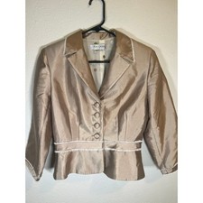 Kay Unger Blazer 4 Champagne Bronze Silk Blend Cropped Fringe Trim Jacket