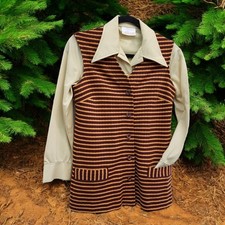 Vintage 1970'S JANTZEN Women  s Brown Yellow Orange Long Vest And Top Sz 14