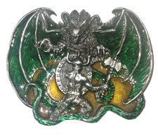 BERGAMOT BRASS WORKS, Warrior Fighting Dragon Belt Buckle, 1982 Enameled Pewter