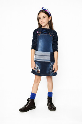 Desigual Kids Girls Denim Pinafore Dress Patchwork Blue Jumper Dress 11/12 yrs