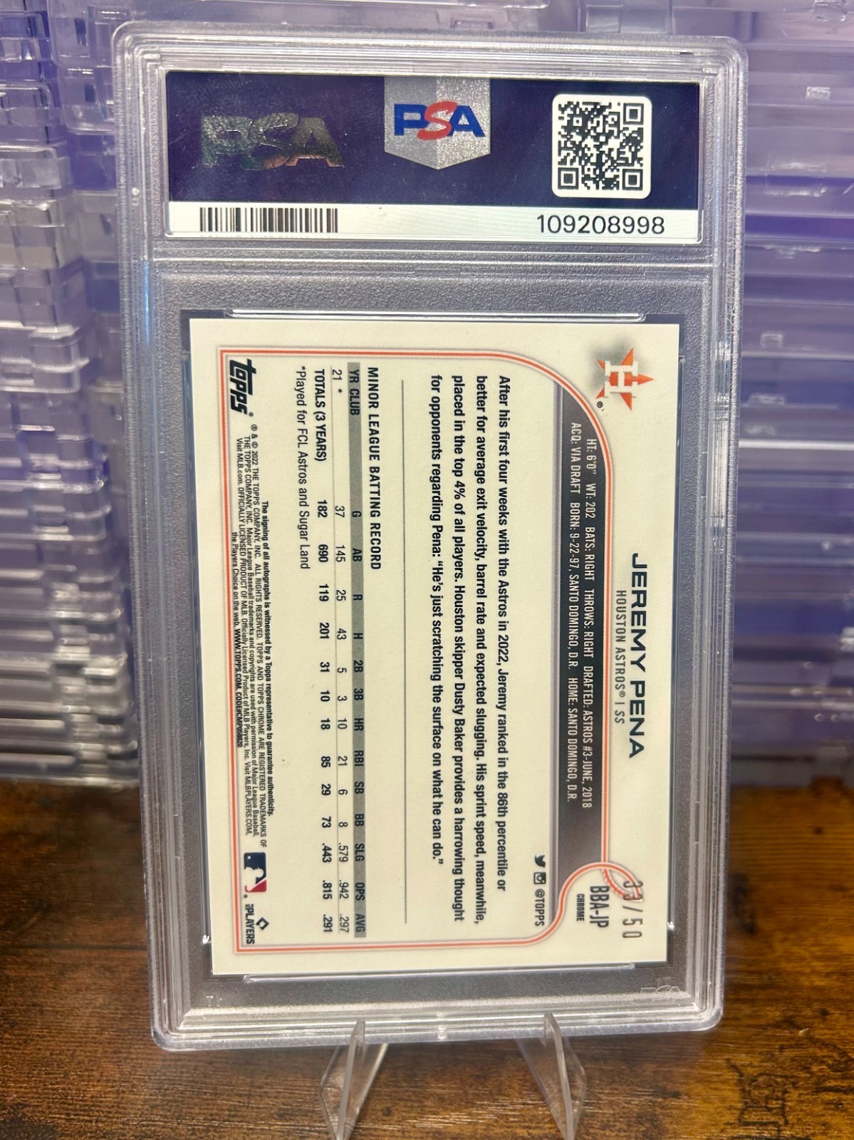 2022 Topps Chrome Ben Baller Jeremy Pena Gold Refractor Auto /50 PSA 10 view 2