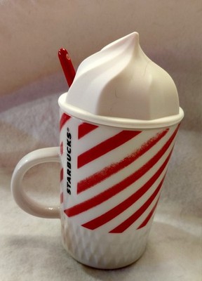 STARBUCKS  Mug Candy Cane Stripes with Whipped Cream Top Lid & Red Spoon NEW